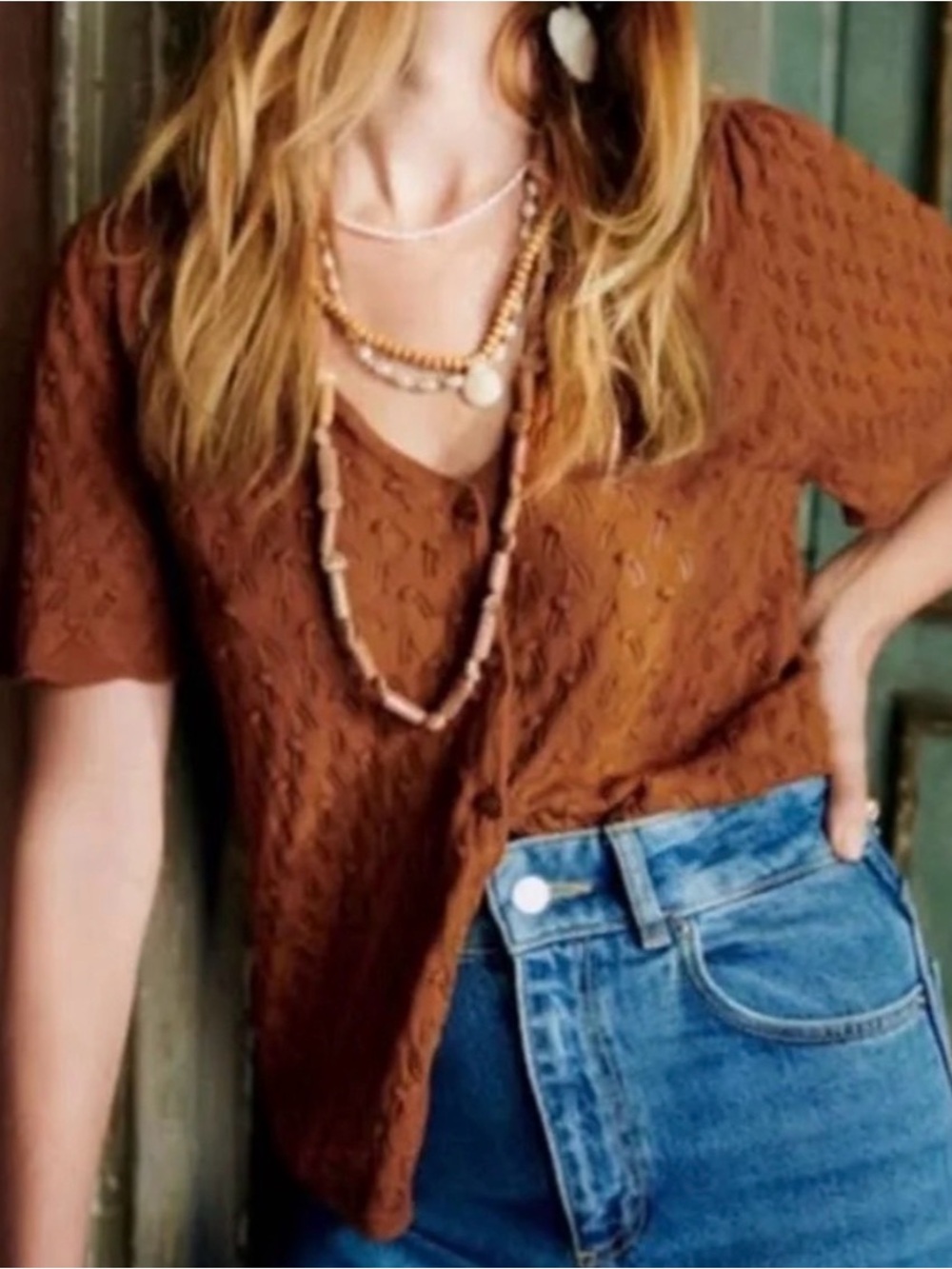 Sezane Rust/hazelnut Knit Button-Front Top